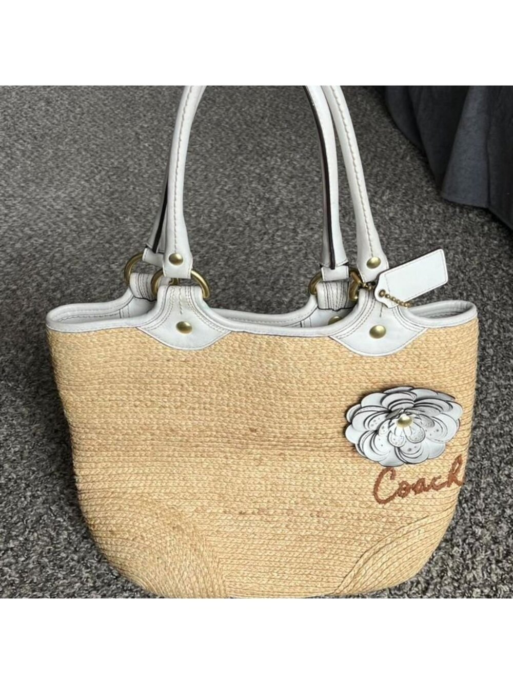 Vintage Coach Bleecker Straw Bag w/Flower Coastal Mom Vacation Holiday Summer - Picture 1 of 8